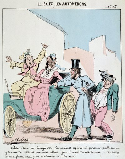 HÄN. EX. EX. Motoredons: Sarjakuva liikenteestä kaupungissa. Valmentaja ottaa humalaisen ystävän vaunuihin kahden kauhistuneen porvarillisen naisen viereen. Piirustus Moloch (1849-1909), noin 1860. tekijältä Moloch