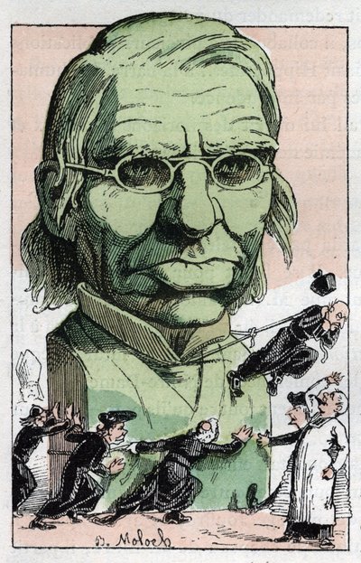 Muotokuva Emile Littrestä (1801-1881), ranskalaisesta filologista, lääkäristä ja poliitikosta Touchatoutin "Le Trombinoscope" -sarjassa, B. Molochin sarjakuva vuodelta 1882 (1849-1909). Yksityinen kokoelma. tekijältä Moloch