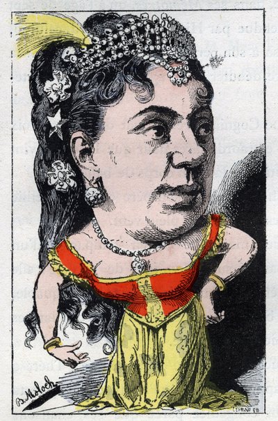 Muotokuva Emma Valladon dit Theresasta (1837 -1913), ranskalaisen kabareen laulaja Touchatoutin elokuvassa "Le Trombinoscope", B. Molochin sarjakuva vuodelta 1882 (1849-1909). Yksityinen kokoelma. tekijältä Moloch