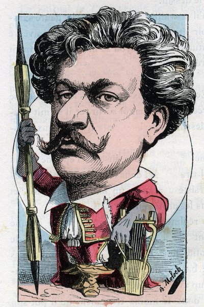 Louis Alexandre Gosset de Guinesin muotokuva Andre Gillin (1840 - 1885) ranskalaisesta runoilijasta Touchatoutin "Le Trombinoscope" -sarjassa, B. Molochin sarjakuva vuodelta 1882 (1849-1909). Yksityinen kokoelma. tekijältä Moloch