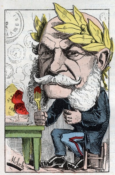 Preussin kuninkaan ja Saksan keisarin William I:n (1797-1888) muotokuva Touchatoutin "Trombinoskooppi" -sarjassa, B. Molochin karikatyyri vuodelta 1882 (1849-1909). Yksityinen kokoelma. tekijältä Moloch