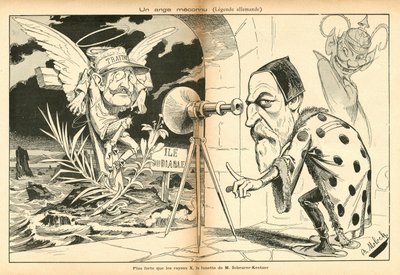 The Image for Laughter, numero 4, noin 1897_11_13 - Kuvitus Alphonse Hector Columbus, joka tunnetaan nimellä B. Moloch tai Moloch (1849-1909): Tuntematon enkeli - Dreyfusin tapaus, Paholaisen saari - Dreyfus Alfred, Scherer-Kestner Auguste tekijältä Moloch