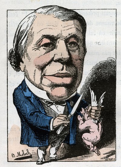 muotokuva Philippe Ricordista (1800-1889), ranskalaisesta kirurgista Touchatoutin elokuvassa "Le Trombinoscope", sarjakuva B. Moloch vuodelta 1882 (1849-1909). Yksityinen kokoelma. tekijältä Moloch