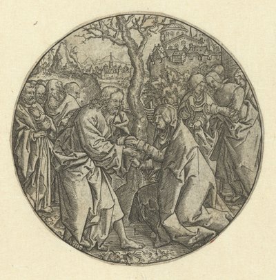 Kristus jättää hyvästit Marialle tekijältä Monogrammist L (graveur, Nederland)