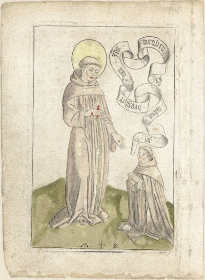 Pyhä Franciscus polvistuvan fransiskaanin kanssa tekijältä Monogrammist MB (Nederlanden)