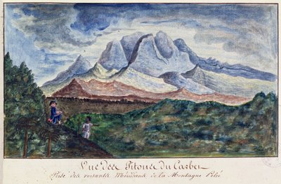 Näkymä Pitons du Carbetille Mount Peleeltä, Martiniquelta, n. 1815 (akvarelli paperille) tekijältä Moreau de Jones