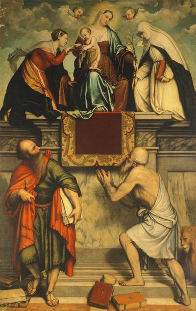 Valtaistuimella Madonna lapsen kanssa, St Catherine, St Paul ja St Jerome tekijältä Moretto da Brescia