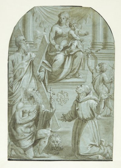Maria Jeesus-lapsen kanssa valtaistuimella, jota ympäröivät apostoli Andreas, Johannes Kastaja lapsena, pyhä Hieronymus ja pyhä Franciscus Assisilainen tekijältä Moretto da Brescia