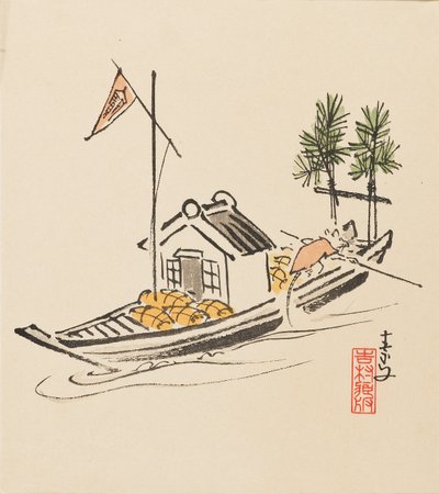Puukiviprintti - rotan napaama Takarabune, 1800-luvun loppu tekijältä Morikawa Sobun