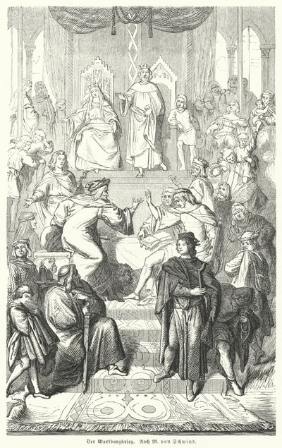 Sangerkrieg, pappilaisten välinen kilpailu Wartburgin linnassa Thüringenissä vuonna 1207 (kaiverrus) tekijältä Moritz Ludwig von (after) Schwind