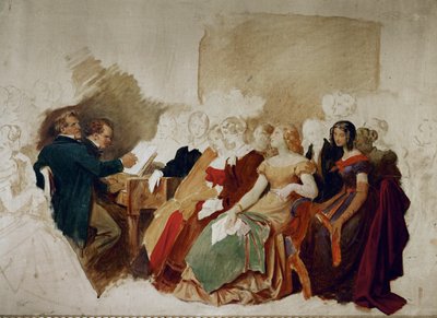 Ilta paroni Spaunin luona, Schubert pianon ääressä, vieressä tenori Johann Michael Vogl ... (akvarelli) tekijältä Moritz Ludwig von Schwind