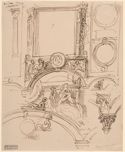 Arkkitehtonisia yksityiskohtia seinäkoristeeseen, jossa keisarinna Maria Theresia syleilee nuorta Wolfgang Amadeus Mozartia, noin 1864 (tussi ja tussi). tekijältä Moritz Ludwig von Schwind