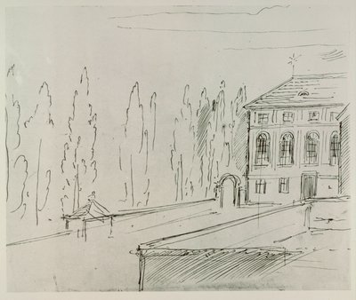 Wienin Karlskirchen lähellä sijaitsevan Haus zum goldenen Mondscheinin julkisivu, jossa Schwind asui ... tekijältä Moritz Ludwig von Schwind