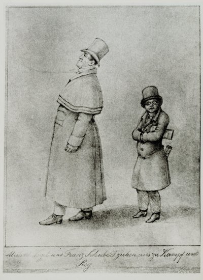 Johann Michael Vogl ja Franz Schubert marssivat taisteluun ja voittoon... (kaiverrus). tekijältä Moritz Ludwig von Schwind