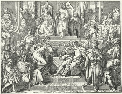 Sangerkrieg, pappilaisten välinen kilpailu Wartburgin linnassa Thüringenissä vuonna 1207 (kaiverrus) tekijältä Moritz Ludwig von Schwind