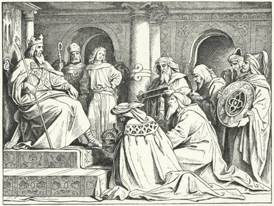 Kalifi Harun al-Rashidin lähettiläitä tuomassa lahjoja keisari Kaarle Suurelle, 802 (kaiverrus) tekijältä Moritz Ludwig von Schwind