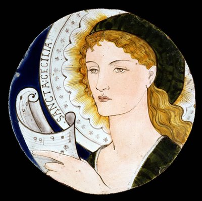 C.2-1922 Morris and Company -laatta, joka kuvaa St. Ceciliaa, suunnitteli Edward Burne-Jones (1833-98), maalasi Kate Faulkner, n. 1865 (maalatut keramiikka) tekijältä Morris and Company