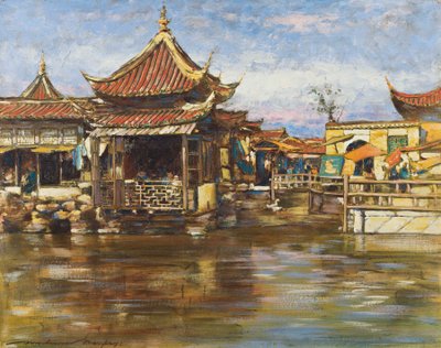 Tea House, Shanghai, n. 1909 (guassi & öljy levylle) tekijältä Mortimer Ludington Menpes