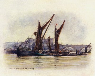 Heinäproomut lähellä Westminster Bridgeä tekijältä Mortimer Ludington Menpes