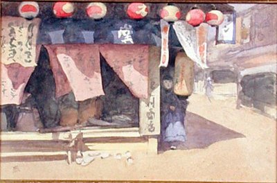 Outside a Teahouse, Japan, n. 1887-88 (akvarelli kortilla) tekijältä Mortimer Ludington Menpes