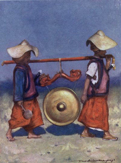 Shan Retainers kantamassa messinkigongia (väri litho) tekijältä Mortimer Ludington Menpes