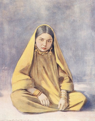 Maailman lapset: Cashmere, A Stolid Sitter (värilitografia). tekijältä Mortimer Ludington Menpes