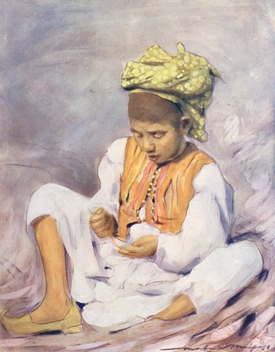 Maailman lapset: Indian, Threading Beads (värilitografia): Indian, Threading Beads (värilitografia) tekijältä Mortimer Ludington Menpes