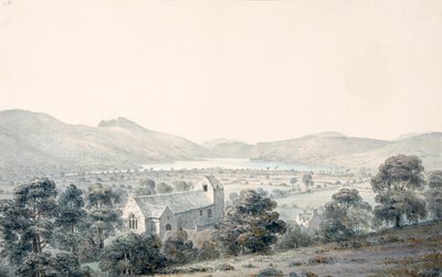 Näkymä Bala Poolille, Llyntagit, Llanfawrin kirkon yläpuolelta, Meirionethshire tekijältä Moses Griffith