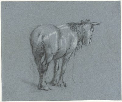 Hevosen tutkimus takaa, oikealta Seisovat työhevoset (sarjan nimi) tekijältä Moses Ter Borch