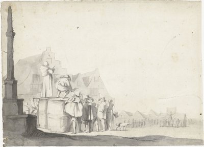 Tori, jossa kuuluttaja tynnyrissä tekijältä Moses ter Borch (possibly)