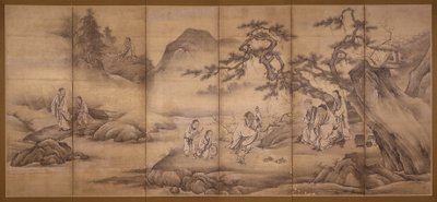 Kohtauksia elokuvasta 24 Paragons Of Filial Piety (mustetta ja kultapigmenttiä paperilla) tekijältä Motonobu Kano