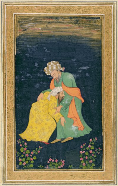 Mullah kumartaa iranilaispukuiselle miehelle, joka nostaa hänet rukouksestaan Small Clive Albumista (wc paperilla) tekijältä Mughal School