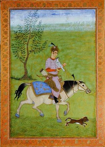 Prinssi hawking hevosen selässä, Large Clive Albumista (akvarelli paperille) tekijältä Mughal School