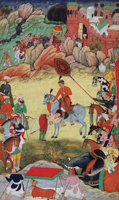 Adham Khan osoittaa kunnioitusta Akbarille Sarangpurissa Keski-Intiassa vuonna 1560 tai 1561, Akbarnamasta, 1590-1598 tekijältä Mughal School
