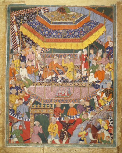 Alamshah keskustelee Qubadin kanssa, kuvitus Hamza Namasta, n. 1555-57 (vartalonväri puuvillalla) tekijältä Mughal School
