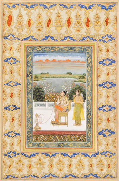 Albumisivu: Gulbadan Begum tupakoimassa terassilla, Delhi, n. 1800 tekijältä Mughal School