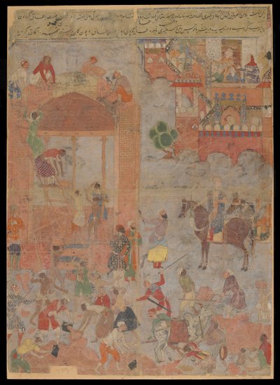 Anushirvan luo Ctesiphonin perustan suotuisaan aikaan, käsikirjoitusfolio, n. 1560-1565 (läpinäkymätön akvarelli, mustetta ja kultaa kankaalla, kiinnitetty kartongille) tekijältä Mughal School