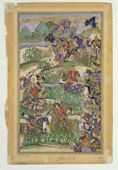 Keisari Akbar (r.1556-1605) Samalin taistelussa vuonna 1572, Abul Fazin valmistamasta Akbarnamasta 1590-98 (läpinäkymätön wc ja kultaa paperilla) tekijältä Mughal School
