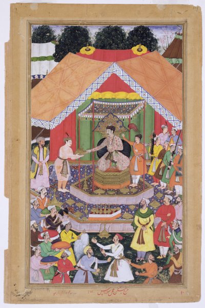 Keisari Akbar (r.1556-1605) viihdytti kasvattiveljensä Azim Khanin Dipalpurissa, Punjabissa, 1571, Abul Fazin valmistamasta Akbarnamasta 1590-98 (läpinäkymätön wc ja kultaa paperilla) tekijältä Mughal School