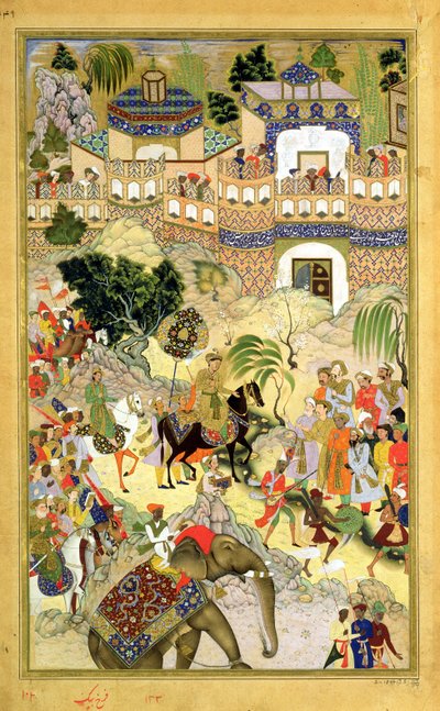 Keisari Akbarsin voittoisa tulo Suratiin, Abul Fazin (1515-1602) tekemästä Akbarnamasta 1590-98 (läpinäkymätön wc ja kultaa paperilla) tekijältä Mughal School