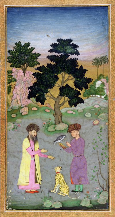 Falconer seuralaisen ja lemmikkigepardin kanssa, Small Clive Albumista, n. 1610-15 (läpinäkymätön wc paperilla) tekijältä Mughal School