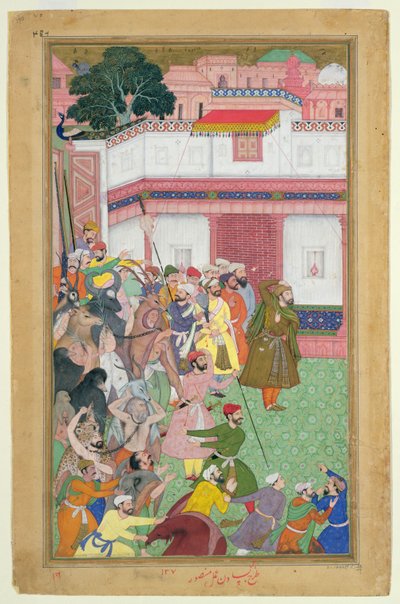 Fatehpur Sikri, 1573: Hussain Quli Khan-i Jahan esittelee vankejaan keisari Akbarille (r.1556-1605), Abul Fazin valmistamasta Akbarnamasta, 1590-98 (läpinäkymätön wc ja kultaa paperilla) tekijältä Mughal School