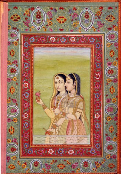 Intialainen taide: pienoismalli, joka edustaa kahta naista. 1600-luku (Moghole-kausi) Paris, B.N. tekijältä Mughal School