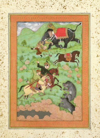 Rajput prinssit metsästävät karhuja; mahout ja hänen norsunsa pelastavat kaatuneen ratsumiehen tiikeristä Large Clive -albumista tekijältä Mughal School
