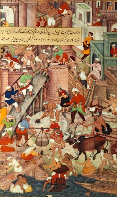 Agran punainen linnoitus rakennusvaiheessa, mogulien Akbarnama-teoksesta. tekijältä Mughal School