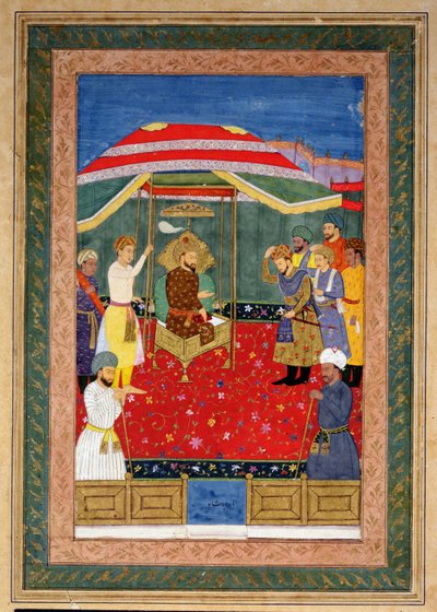Mughal-keisari Babur (1526-30) istuu valtaistuimella vastaanottamassa prinssiä, Johnson Album I, nro 3 numero 65 tekijältä Mughal School
