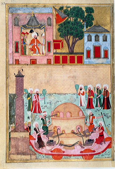 Lasinpuhallinesitys Konstantinopolin kilparadan sivulla, joka on otettu lempinimestä-i Humayun (Sukunimi i Humayun) tai Osmanin kuvittamasta "Juhlakirjasta" (ms. hazine 1344). noin 1582 (Istanbul) Istanbul, Topkapi Seray tekijältä Mughal School Osman
