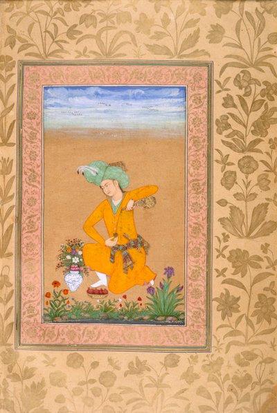 Persialaistyyliseen pukuun pukeutunut prinssi kaatamassa viiniä tekijältä Muhammad Khan