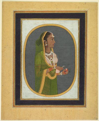 Hovirouva kaatamassa viiniä, noin 1760; reunukset noin 1830-luku (peittävä akvarelli, tussi ja kulta paperille). tekijältä Muhammad Riza i Hindi