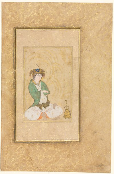 Nuoret istuvat pajun ääressä, yhden sivun kuvitus, n. 1600-1650. tekijältä Muhammad Yusuf